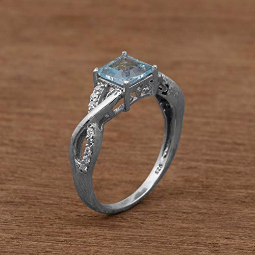 Shine Jewel Tpacio azul y piedras preciosas de circón natural en anillo de plata de ley 925 para mujer S Cuadradas y redondas Topacio azul y circón Blanco