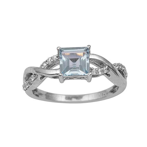 Shine Jewel Tpacio azul y piedras preciosas de circón natural en anillo de plata de ley 925 para mujer S Cuadradas y redondas Topacio azul y circón Blanco