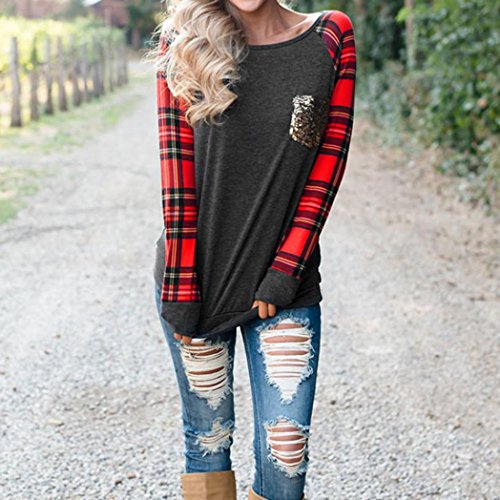 SHOBDW Separación Mujer Camiseta Manga Larga Labor de Retazos Blusa Tops otoño Invierno Ropa (S, Gris)