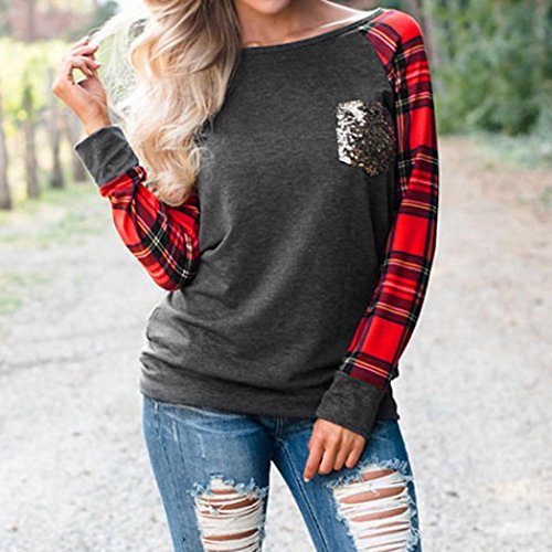 SHOBDW Separación Mujer Camiseta Manga Larga Labor de Retazos Blusa Tops otoño Invierno Ropa (S, Gris)