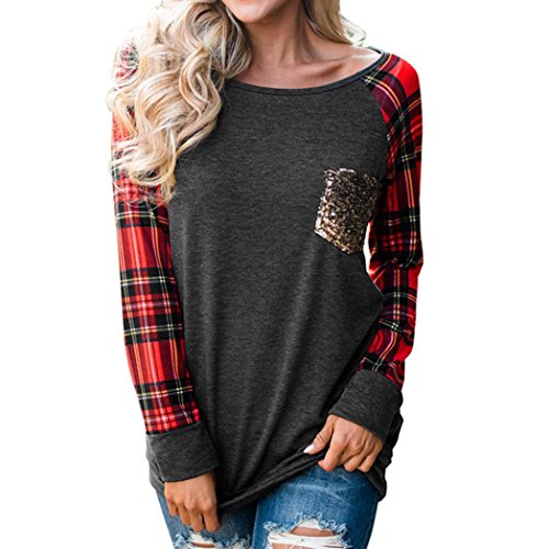 SHOBDW Separación Mujer Camiseta Manga Larga Labor de Retazos Blusa Tops otoño Invierno Ropa (S, Gris)