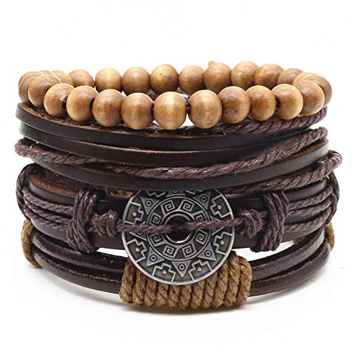 SHOUAQI Vikingo Pulsera Cuero Hombre Brazalete Marrón Negro Perlas Mujeres Ronda Amor Timón Charm Hombres Pulseras de Cuero Femenino Homme Casual Joyería Vintage 4 Unids/Set