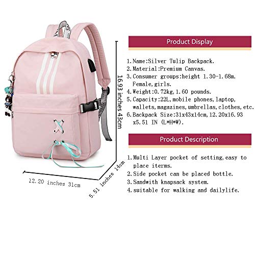 Silver Tulip Mochila para portátil Universidad Hombros Niños Escuela Bolsas de Libros Mochila para niñas (Rosa, Grande con Puerto USB)