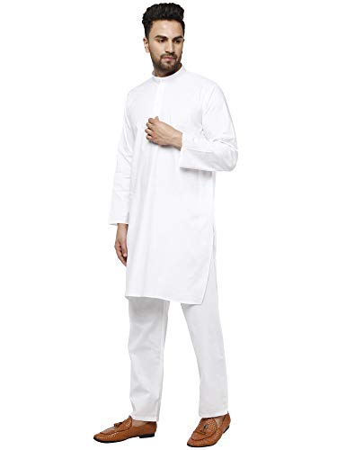 SKAVIJ Algodón Kurta Pijama (Camisa Larga y Pantalón) para Hombre Blanco XL