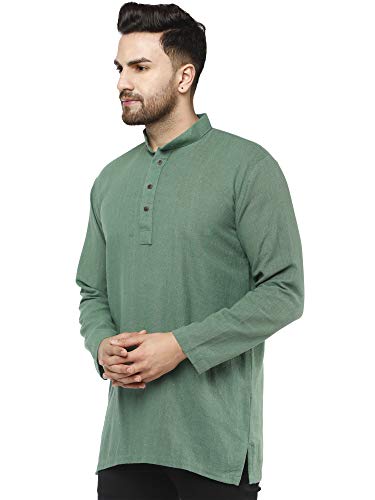 SKAVIJ Hombre Túnica Camisa Kurta Corta De Algodón Indio (Verde, M)