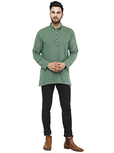 SKAVIJ Hombre Túnica Camisa Kurta Corta De Algodón Indio (Verde, M)