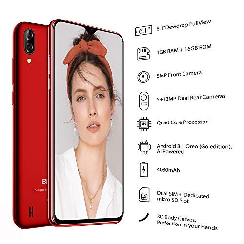 Smartphone Libre, Blackview A60 Teléfono Móvil 16GB ROM (128GB SD), Pantalla 6.1" Water-Drop Screen Movil, 13MP+2MP+5MP, 4080mAh Batería, Android 8.1 Movil Libre Dual SIM, GPS/WiFi/Hotspot-Rojo
