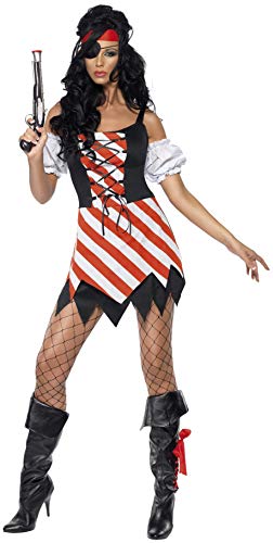 Smiffys- Disfraz de Pirata, con Vestido, Mangas, Parche y pañoleta para la Cabeza, Color Rojo y Blanco, S - EU Tamaño 36-38 (Smiffy'S 30479S)