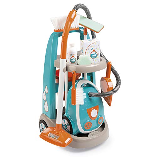 Smoby-Carrito de limpieza con aspirador y accesorios 330309, color azul y naranja , color/modelo surtido