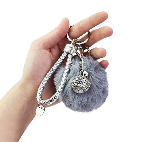 SNAGAROG - Llavero con pompón para llaves de coche con pelo de conejo muy suave y 1 bonita campana plateada, llavero para mujer