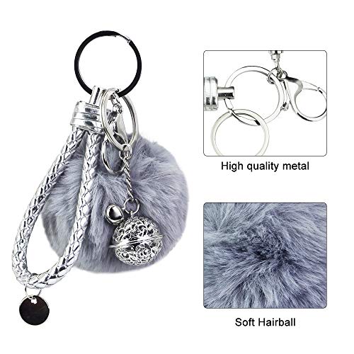 SNAGAROG - Llavero con pompón para llaves de coche con pelo de conejo muy suave y 1 bonita campana plateada, llavero para mujer