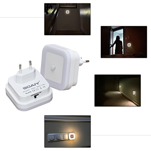 SOAIY [2 PCS] LED Luz nocturna con sensor de movimiento crepuscular Auto/on/off Bajo consumo enchufe Luz PIR de orientación para Cuarto de los niños Dormitorio Pasillos Escaleras, Blanco Cálido