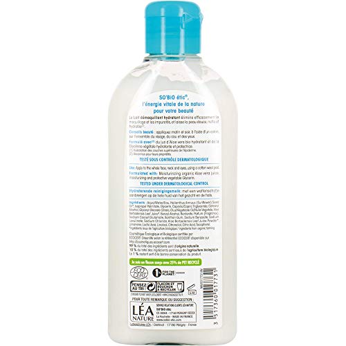 SO'BIO ÉTIC Lait Démaquillant Hydratant Tous Types de Peaux Hydra Aloe Vera