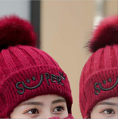 Sombrero Mujer Otoño e invierno Ciclismo Warm Plus Velvet Protector auditivo Gorro para el cabello Protección facial   Licor Rojo (Cremallera)