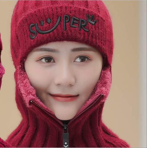 Sombrero Mujer Otoño e invierno Ciclismo Warm Plus Velvet Protector auditivo Gorro para el cabello Protección facial   Licor Rojo (Cremallera)