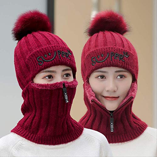 Sombrero Mujer Otoño e invierno Ciclismo Warm Plus Velvet Protector auditivo Gorro para el cabello Protección facial   Licor Rojo (Cremallera)