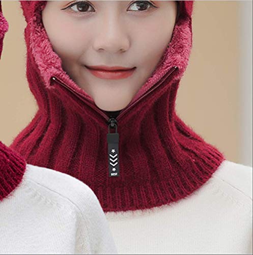 Sombrero Mujer Otoño e invierno Ciclismo Warm Plus Velvet Protector auditivo Gorro para el cabello Protección facial   Licor Rojo (Cremallera)