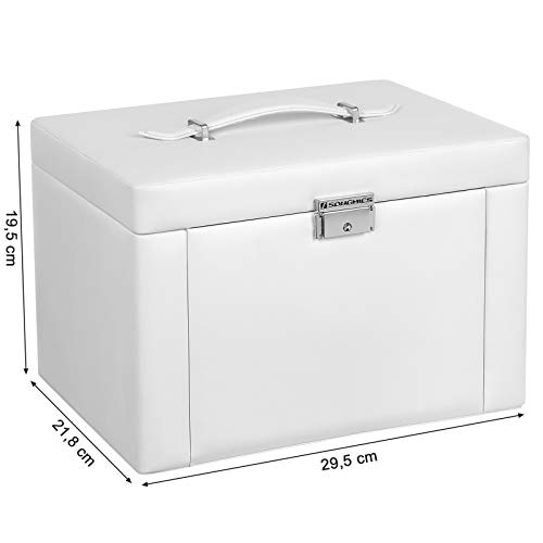 SONGMICS Caja joyero PU Organizador para aretes anillos relojes pendientes con espejo 3 cajones bandejas laterales 29,5 x 21,8 x 19,5 cm, Blanco JBC04W
