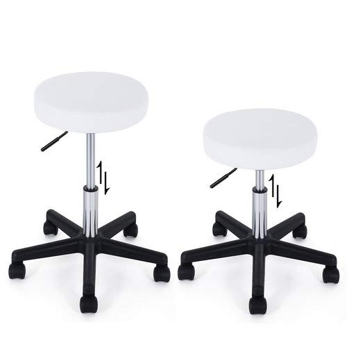 SONGMICS Taburete Giratorio sobre Ruedas, Taburete Rodante Regulable, 46-58 cm, Asiento Tapizado de Cuero Sintético, para Trabajo, Estudio, Oficina, Clínica, Blanco LJB61W