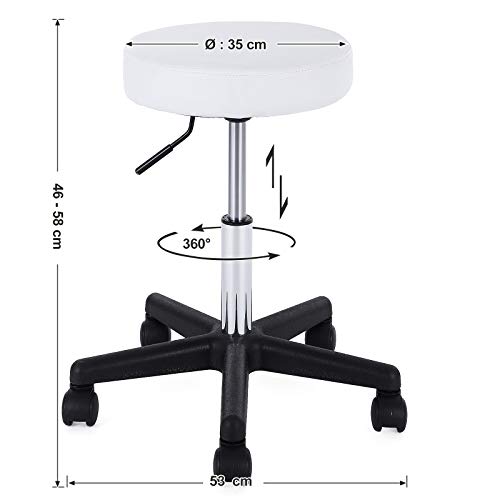 SONGMICS Taburete Giratorio sobre Ruedas, Taburete Rodante Regulable, 46-58 cm, Asiento Tapizado de Cuero Sintético, para Trabajo, Estudio, Oficina, Clínica, Blanco LJB61W