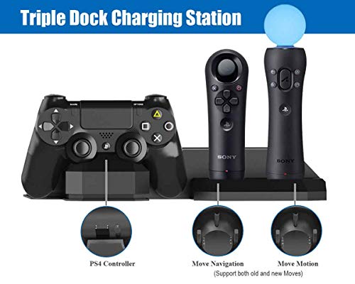 Soporte Vertical para PlayStation - ElecGear PSVR Stand, Ventilador de Refrigeración, Estación de carga cargador de controlador DualShock y Move Motion Controller Mando Charger para PS4, Slim y Pro