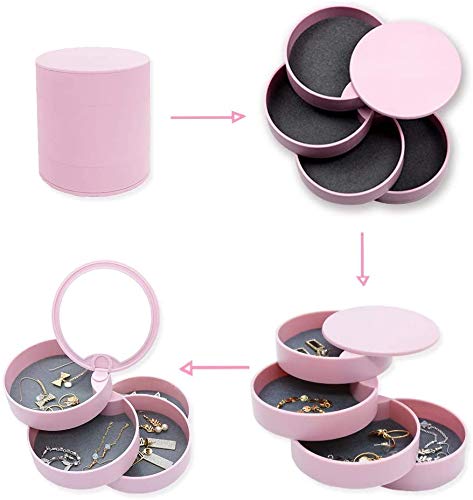 Sparta's Store Caja Joyero Organizador Rotación de 360°,4 Niveles Joyero Organizador con Espejo,Pequeña Joyero Viaje Decorativas,Joyero de Viaje pequeño para niñas,Joyeros Redondos (Rosa)