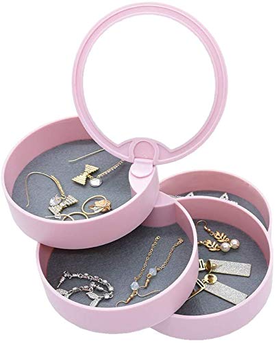 Sparta's Store Caja Joyero Organizador Rotación de 360°,4 Niveles Joyero Organizador con Espejo,Pequeña Joyero Viaje Decorativas,Joyero de Viaje pequeño para niñas,Joyeros Redondos (Rosa)