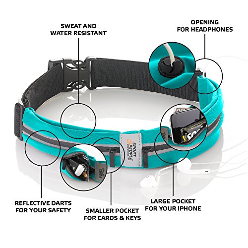 sport2people Cinturón de Correr, Patentado en E.E. U.U, Riñonera iPhone X 6 7 8 para Hombres y Mujeres (Talla única, 2 Bolsillos,Turquoise)