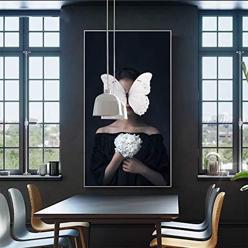 SQSHBBC Impresión en Lienzo Flores Mariposa Mujer Pintura al óleo Arte de la Pared Imágenes para Sala de Estar   20x35cm sin Marco