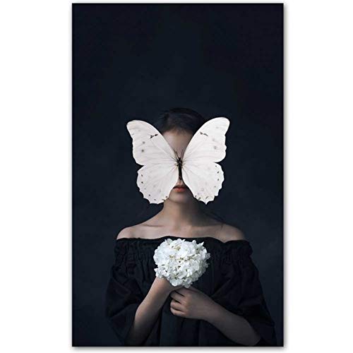 SQSHBBC Impresión en Lienzo Flores Mariposa Mujer Pintura al óleo Arte de la Pared Imágenes para Sala de Estar   20x35cm sin Marco