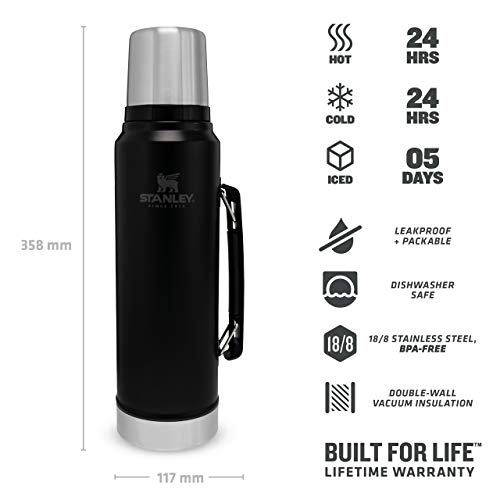 Stanley The Legendary Classic Vacuum Bottle 1.0L Hammertone Green 18/8 Stainless Steel Double-Wall Vacuum Insulation Water Bottle Leakproof+Packable Doubles As Cup Dishwasher Safe Naturally Bpa-Free