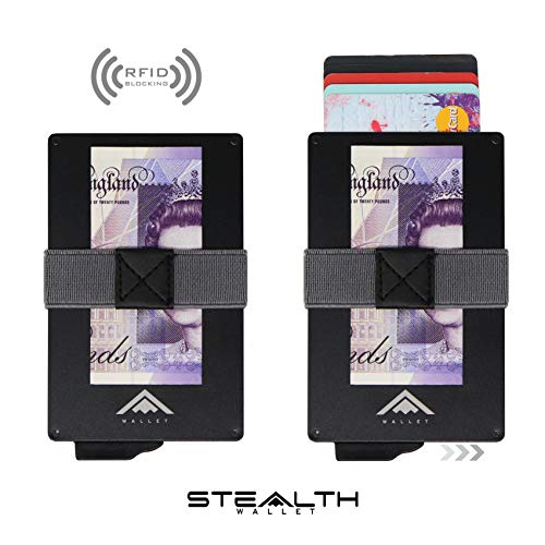 STEALTH WALLET Minimalista Portatarjetas RFID - Carteras de Tarjeta de Crédito de Metal Delgado y Ligero con Clip Elástico para Dinero y Protección de Bloque NFC (Aluminio Negro)
