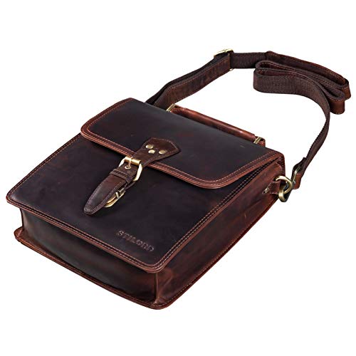 STILORD 'Alexian' Pequeño Bolso de Cuero para Hombres Vintage Bolso de Hombro Bolso Mensajero Bolso Trabajo Bolso Piel Auténtica para Tablet 12.2', Color:parla - marrón