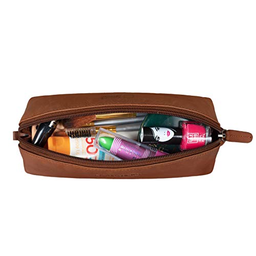 STILORD 'Yuma' Bolso de Cosméticos de Cuero Estuche o Bolsa Bolígrafos Portatodo Escolare Maquillaje para Damas Cartuchera de Piel auténtica, Color:girona - marrón