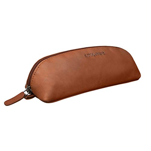 STILORD 'Yuma' Bolso de Cosméticos de Cuero Estuche o Bolsa Bolígrafos Portatodo Escolare Maquillaje para Damas Cartuchera de Piel auténtica, Color:girona - marrón