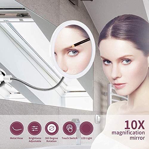 STLOVe LED Espejo de Maquillaje Aumento de 10X con Ventosa & el Cuello de Cisne Flexible Ajustable 360 ° Espejo de Baño (Mirror 5)