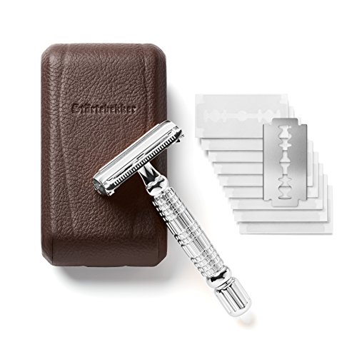 Störtebekker® Maquinilla de afeitar clásica en estuche de cuero hecho a mano [10 hojas Astra] - Cuchilla de afeitar de primera calidad - Set de afeitado con espejo integrado