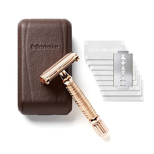 Störtebekker® Maquinilla de afeitar clásica en estuche de cuero hecho a mano [10 hojas Astra] - Cuchilla de afeitar de primera calidad - Set de afeitado con espejo integrado