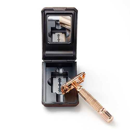 Störtebekker® Maquinilla de afeitar clásica en estuche de cuero hecho a mano [10 hojas Astra] - Cuchilla de afeitar de primera calidad - Set de afeitado con espejo integrado