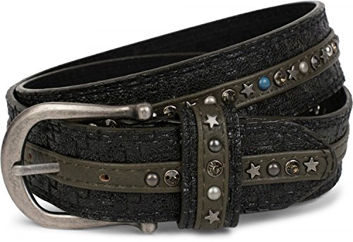 styleBREAKER cinturón de remaches en una moderna óptica trenzada, recubierto con tachuelas y remaches de estrellas y estrás, cinturón, acortable, señora 03010075, tamaño:80cm, color:Negro-verde oscuro