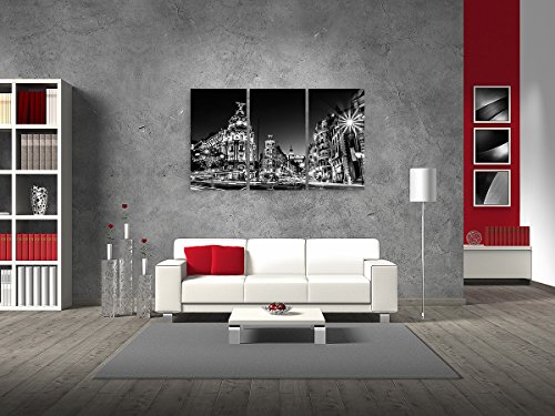 Su bilder24. de – Juego de pintura de pared de 3 gran via Madrid España Calle Negro/Blanco Sobre Lienzo Y Bastidor, alta calidad, hecha a mano en Alemania., lona, blau gelb weiß grün rot orange braun schwarz rosa, 80 x 125