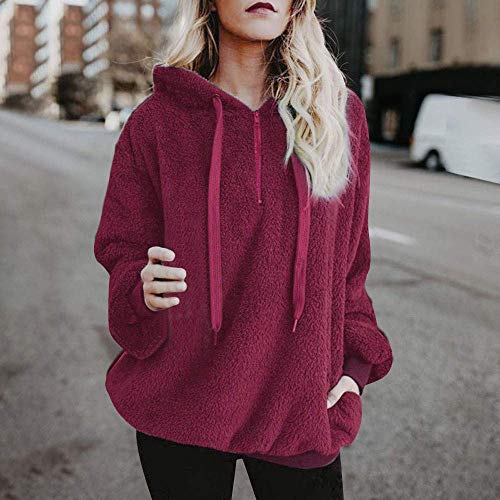 Sudadera Caliente y Esponjoso Tops Chaqueta Suéter Abrigo Jersey Mujer Otoño-Invierno Talla Grande Hoodie Sudadera con Capucha (2-Wine Red,5XL)