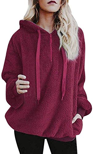 Sudadera Caliente y Esponjoso Tops Chaqueta Suéter Abrigo Jersey Mujer Otoño-Invierno Talla Grande Hoodie Sudadera con Capucha (2-Wine Red,5XL)