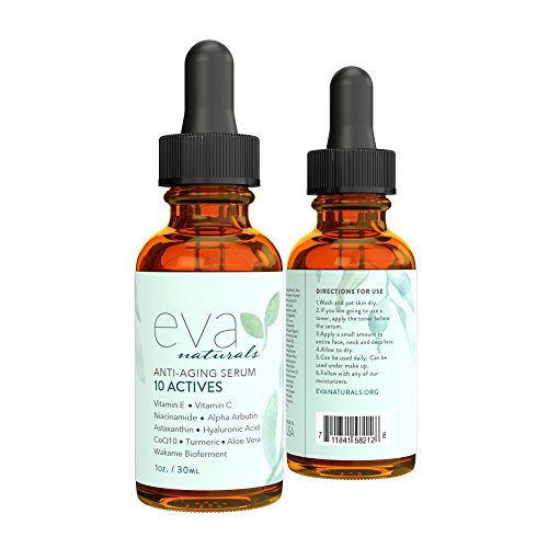 Suero de 10 Activos para Piel Eva Naturals (1 oz) - Remueve Líneas Finas y Manchas en Cara - Cutis Más Claro y Radiante - con Niacinamida, Ácido Hialurónico, Vitamina C y Vitamina E - Calidad Premium