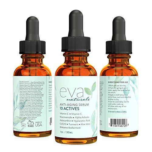 Suero de 10 Activos para Piel Eva Naturals (1 oz) - Remueve Líneas Finas y Manchas en Cara - Cutis Más Claro y Radiante - con Niacinamida, Ácido Hialurónico, Vitamina C y Vitamina E - Calidad Premium