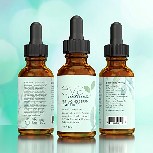 Suero de 10 Activos para Piel Eva Naturals (1 oz) - Remueve Líneas Finas y Manchas en Cara - Cutis Más Claro y Radiante - con Niacinamida, Ácido Hialurónico, Vitamina C y Vitamina E - Calidad Premium