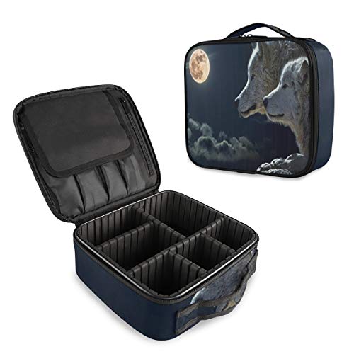 SUGARHE Animal Lobo ártico en acantilado Noche de Luna Llena Misterio Tranquilo,Neceser Maquillaje,Bolsa Cosméticos Organizador Brochas Maquillaje Estuches Portátil