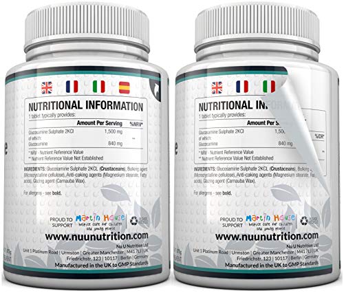 Sulfato de Glucosamina 1.500 mg 2KCl, 365 comprimidos (Suministro Para 1 Año) | Alta Potencia | Fabricado en el Reino Unido por Nu U Nutrition.