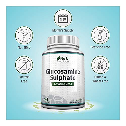 Sulfato de Glucosamina 1.500 mg 2KCl, 365 comprimidos (Suministro Para 1 Año) | Alta Potencia | Fabricado en el Reino Unido por Nu U Nutrition.