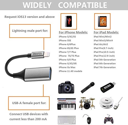 Sunshot - Adaptador USB Hembra OTG para iPhone/iPad Compatible con iOS 13 y Tarde Compatible con cámara, Unidad Flash, Teclado Lector de Tarjetas y más (Gris)